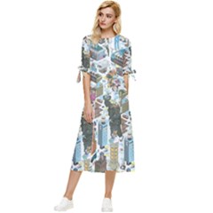 City Pattern Pixel Art Japan Bow Sleeve Chiffon Midi Dress by Sarkoni