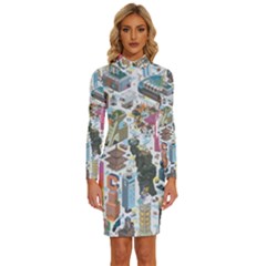 City Pattern Pixel Art Japan Long Sleeve Shirt Collar Bodycon Dress by Sarkoni