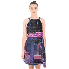 Retro City Pixel Halter Collar Waist Tie Chiffon Dress by Sarkoni