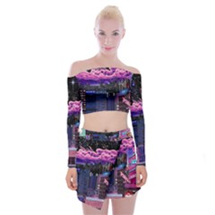 Retro City Pixel Off Shoulder Top With Mini Skirt Set by Sarkoni