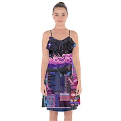 Retro City Pixel Ruffle Detail Chiffon Dress by Sarkoni