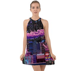 Retro City Pixel Halter Tie Back Chiffon Dress by Sarkoni