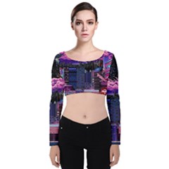 Retro City Pixel Velvet Long Sleeve Crop Top by Sarkoni