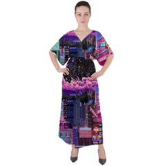 Retro City Pixel V-neck Boho Style Maxi Dress by Sarkoni