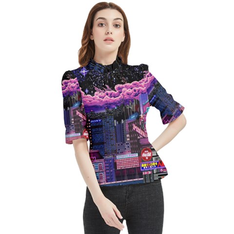 Retro City Pixel Frill Neck Blouse by Sarkoni