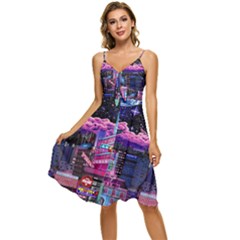 Retro City Pixel Sleeveless Tie Front Chiffon Dress by Sarkoni