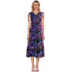 Retro City Pixel V-neck Drawstring Shoulder Sleeveless Maxi Dress by Sarkoni