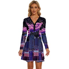 Retro City Pixel Long Sleeve Deep V Mini Dress  by Sarkoni