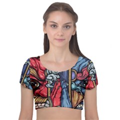 Japan Art Aesthetic Velvet Short Sleeve Crop Top  by Sarkoni