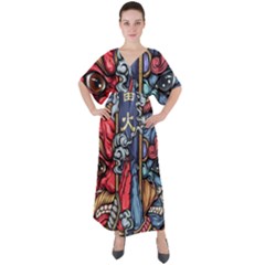 Japan Art Aesthetic V-neck Boho Style Maxi Dress by Sarkoni