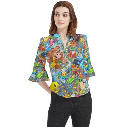 Pixel Art Retro Video Game Loose Horn Sleeve Chiffon Blouse by Sarkoni