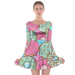 Donut Pattern Texture Colorful Sweet Long Sleeve Skater Dress by Grandong