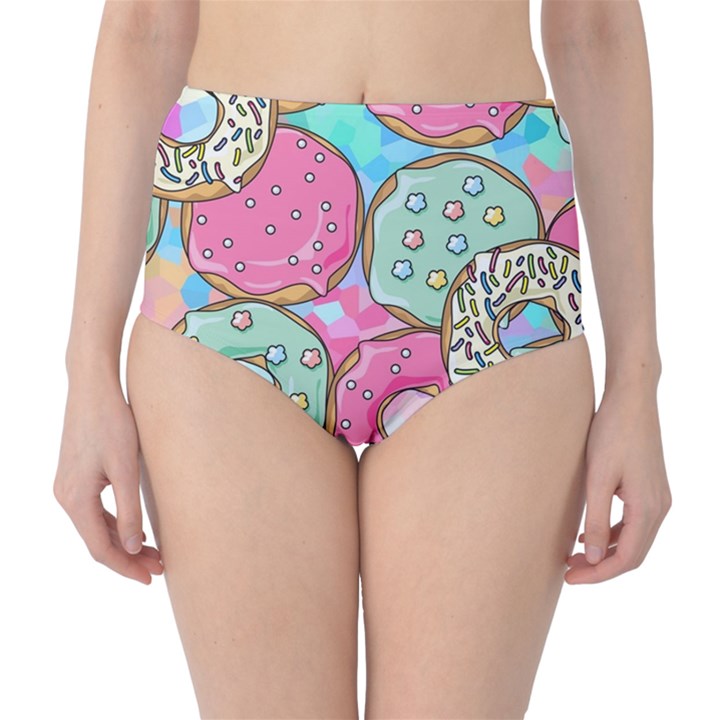 Donut Pattern Texture Colorful Sweet Classic High-Waist Bikini Bottoms