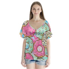 Donut Pattern Texture Colorful Sweet V-neck Flutter Sleeve Top by Grandong