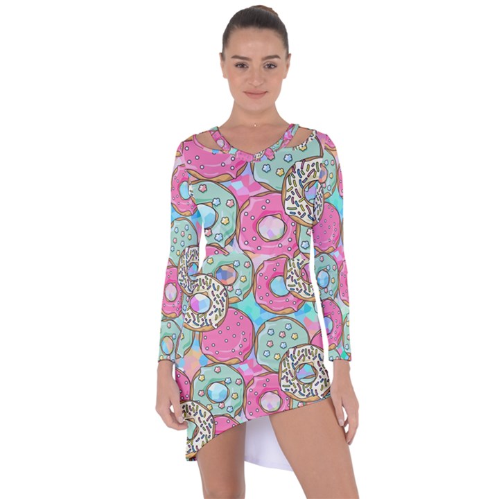 Donut Pattern Texture Colorful Sweet Asymmetric Cut-Out Shift Dress