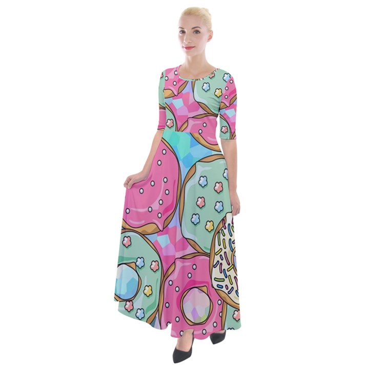 Donut Pattern Texture Colorful Sweet Half Sleeves Maxi Dress