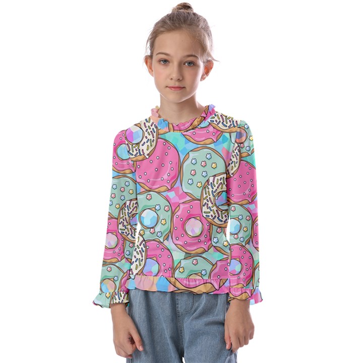 Donut Pattern Texture Colorful Sweet Kids  Frill Detail T-Shirt