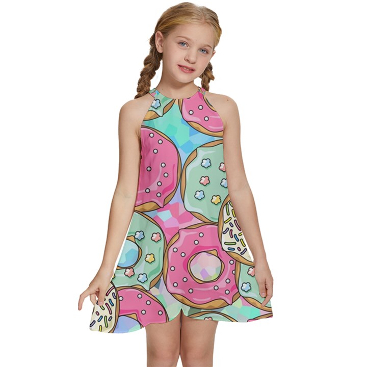 Donut Pattern Texture Colorful Sweet Kids  Halter Collar Waist Tie Chiffon Dress