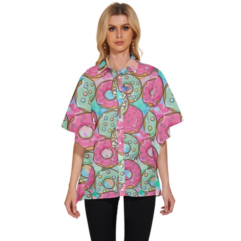 Donut Pattern Texture Colorful Sweet Women s Batwing Button Up Shirt by Grandong