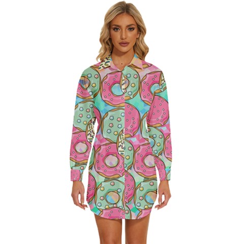 Donut Pattern Texture Colorful Sweet Womens Long Sleeve Shirt Dress by Grandong