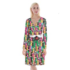 Cats Funny Colorful Pattern Texture Long Sleeve Velvet Front Wrap Dress by Grandong