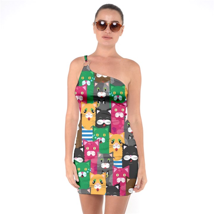 Cats Funny Colorful Pattern Texture One Shoulder Ring Trim Bodycon Dress