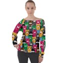 Cats Funny Colorful Pattern Texture Off Shoulder Long Sleeve Velour Top View1