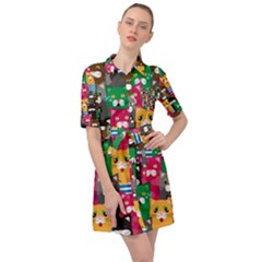 Cats Funny Colorful Pattern Texture Belted Shirt Dress by Grandong