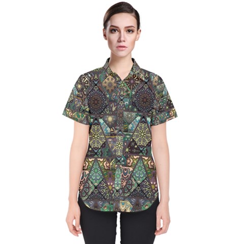 Digital Art Triangle Pattern Texture Mosaic Women s Short Sleeve Shirt by Grandong