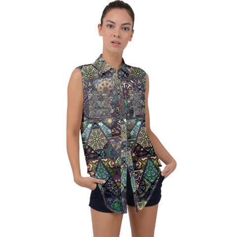 Digital Art Triangle Pattern Texture Mosaic Sleeveless Chiffon Button Shirt by Grandong