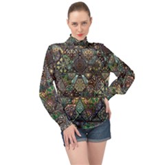 Digital Art Triangle Pattern Texture Mosaic High Neck Long Sleeve Chiffon Top by Grandong