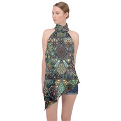 Digital Art Triangle Pattern Texture Mosaic Halter Asymmetric Satin Top by Grandong