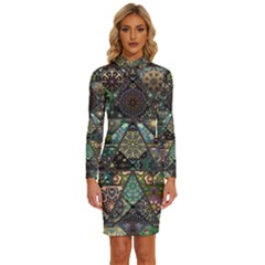 Digital Art Triangle Pattern Texture Mosaic Long Sleeve Shirt Collar Bodycon Dress by Grandong