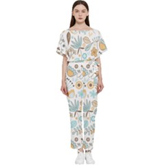 Pattern Flower Leaves, Batwing Lightweight Chiffon Jumpsuit by Grandong