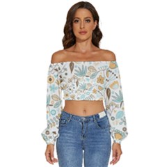 Pattern Flower Leaves, Long Sleeve Crinkled Weave Crop Top