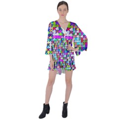 Texture Colorful Abstract Pattern V-neck Flare Sleeve Mini Dress by Grandong