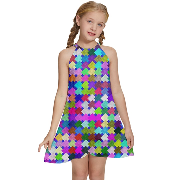 Texture Colorful Abstract Pattern Kids  Halter Collar Waist Tie Chiffon Dress