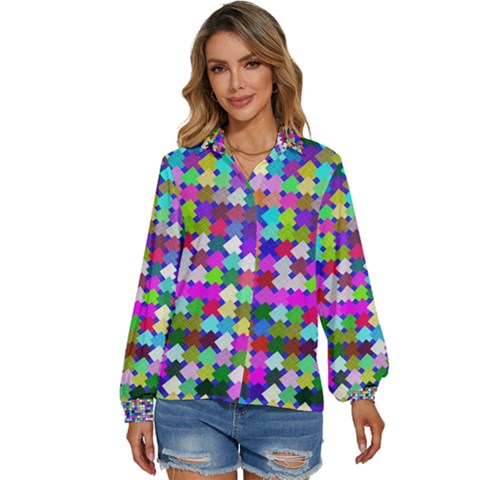 Texture Colorful Abstract Pattern Women s Long Sleeve Button Up Shirt by Grandong