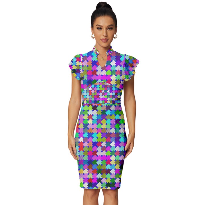 Texture Colorful Abstract Pattern Vintage Frill Sleeve V-Neck Bodycon Dress