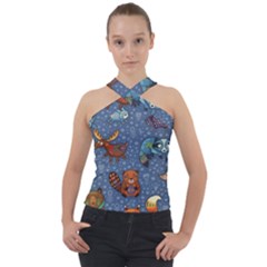 Animals Pattern Colorful Vector Cross Neck Velour Top by Grandong