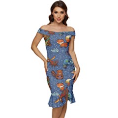 Animals Pattern Colorful Vector Off Shoulder Ruffle Split Hem Bodycon Dress by Grandong