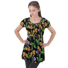 Flower Pattern Art Floral Texture Puff Sleeve Tunic Top by Grandong