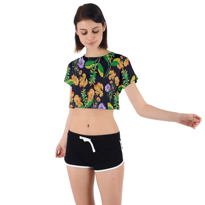 Flower Pattern Art Floral Texture Tie Back Short Sleeve Crop T-Shirt