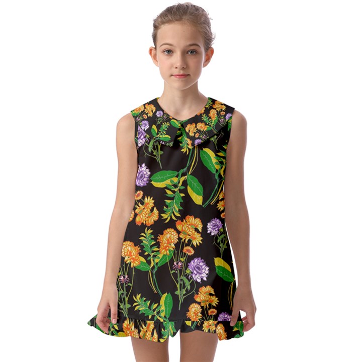 Flower Pattern Art Floral Texture Kids  Pilgrim Collar Ruffle Hem Dress