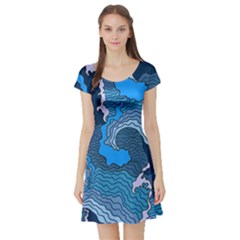 Blue Moving Texture Abstract Texture Short Sleeve Skater Dress