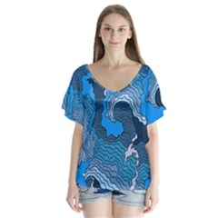 Blue Moving Texture Abstract Texture V-neck Flutter Sleeve Top