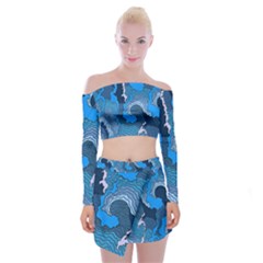 Blue Moving Texture Abstract Texture Off Shoulder Top with Mini Skirt Set