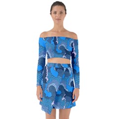 Blue Moving Texture Abstract Texture Off Shoulder Top with Skirt Set