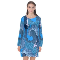 Blue Moving Texture Abstract Texture Long Sleeve Chiffon Shift Dress 