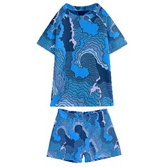 Blue Moving Texture Abstract Texture Kids  Swim T-Shirt and Shorts Set